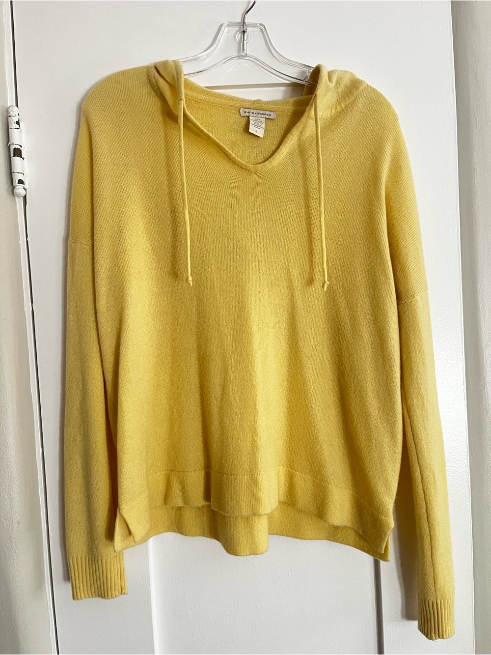 White + Warren Yellow V-Neck Hooded Cashmere Sweater - Size S